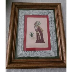 Vintage Christmas Santa Cross Stitch Framed Handmade Belsnickle Primitive Art